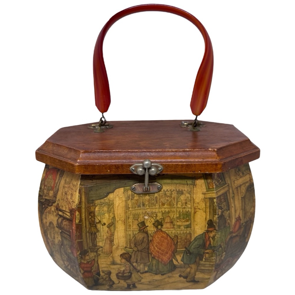Vintage 60s 70s Decoupage Wood Box Purse Handbag Lucite Handle